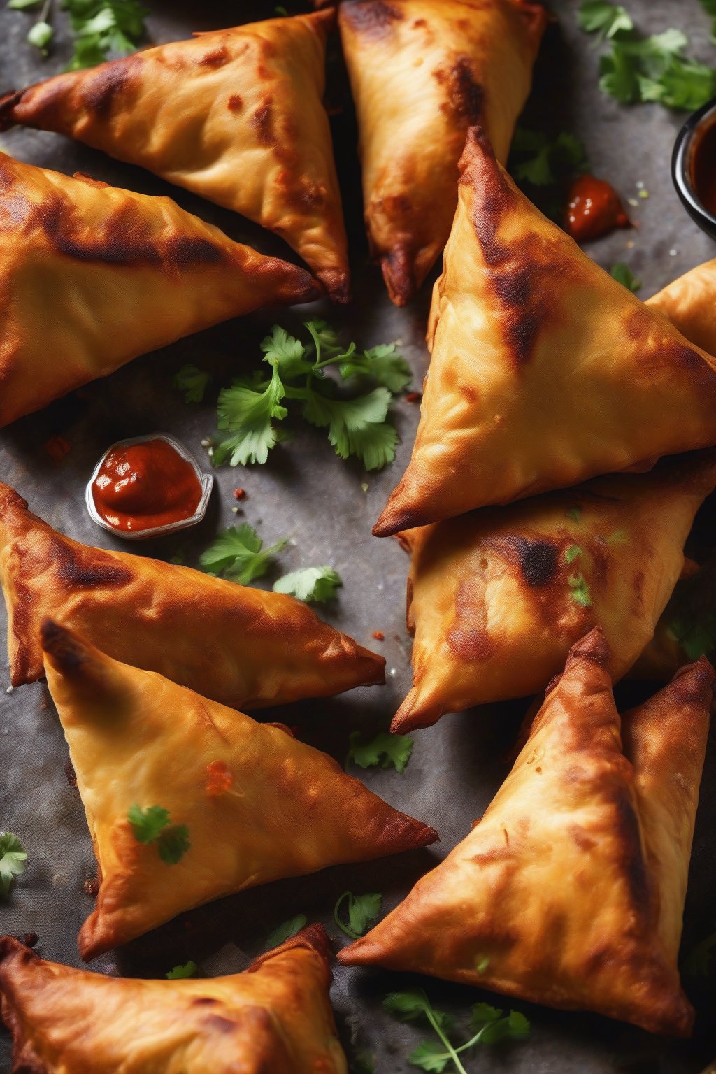 A high-resolution close-up photo of chicken tikka samosas with charred edges and vibrant red masala filling, under soft lighting.