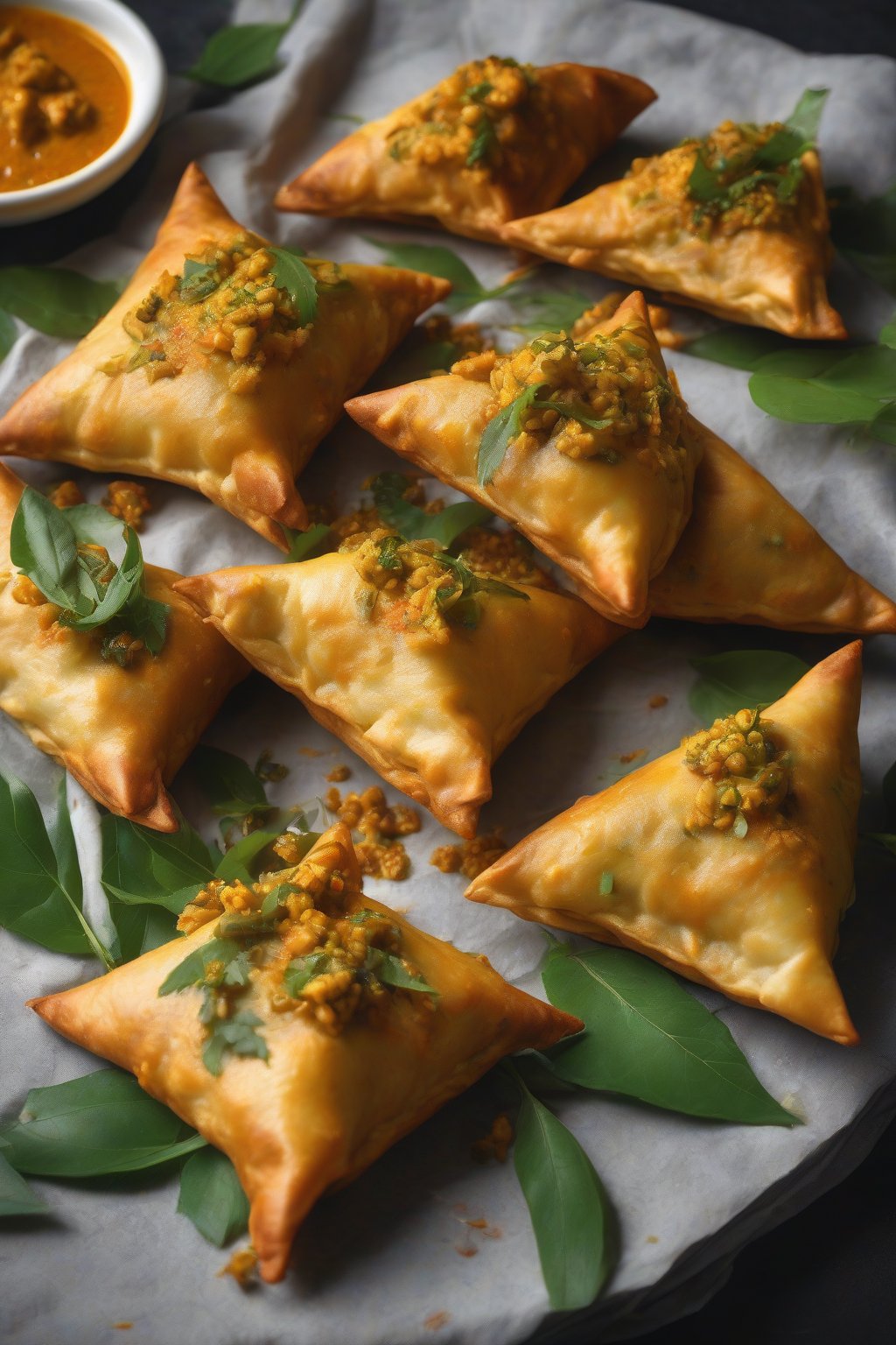 A high-resolution close-up photo of paneer bhurji samosas oozing creamy spiced paneer, topped with curry leaves, under soft lighting.