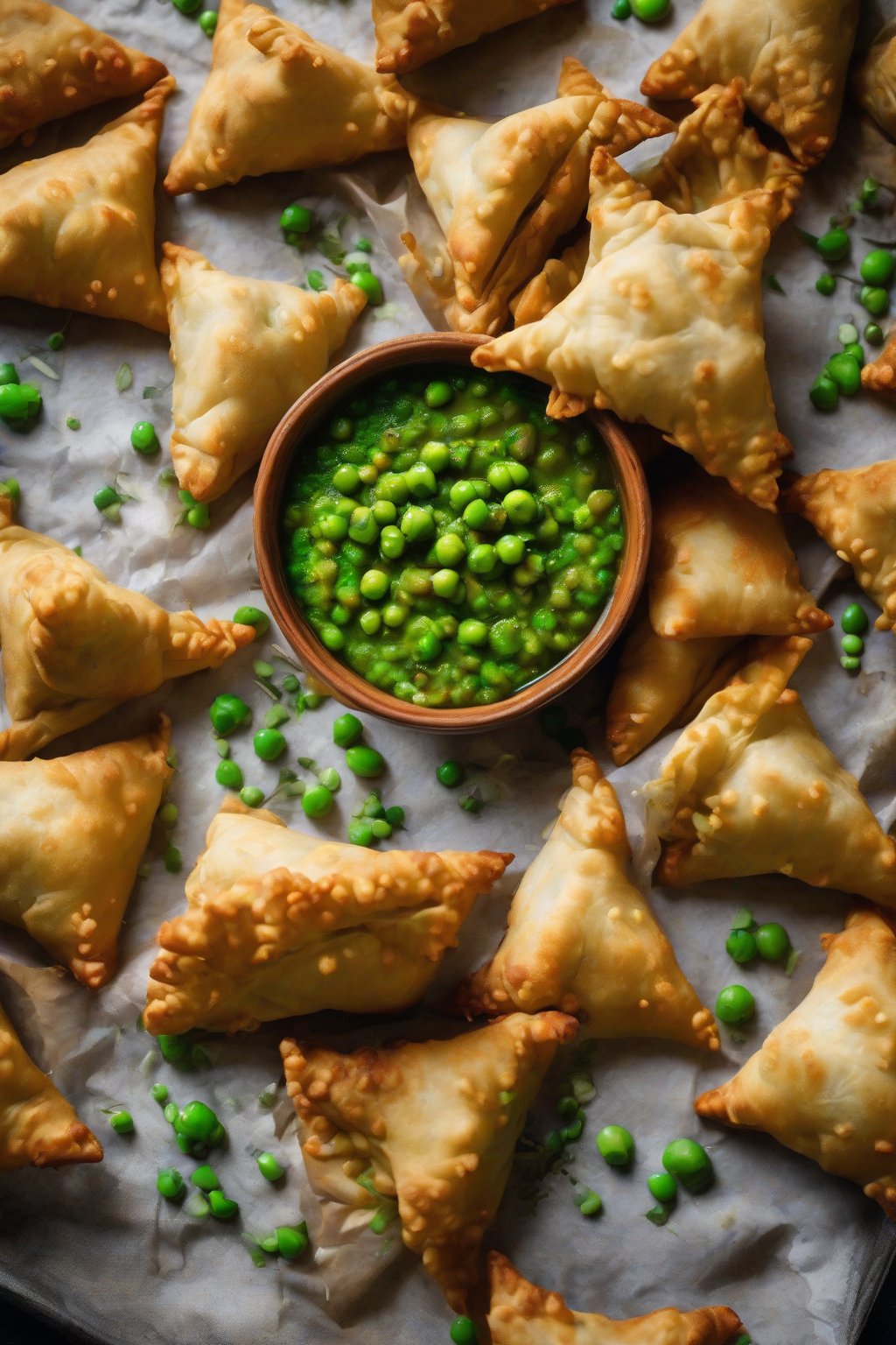 A high-resolution close-up photo of baked gobi matar samosas showing chunky cauliflower and peas in a spiced coating, under soft lighting.