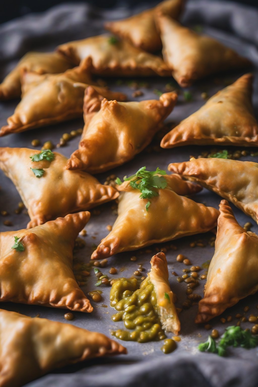 A high-resolution close-up photo of dal tadka samosas with a glossy lentil filling peeking out, garnished with tadka oil, under soft lighting.
