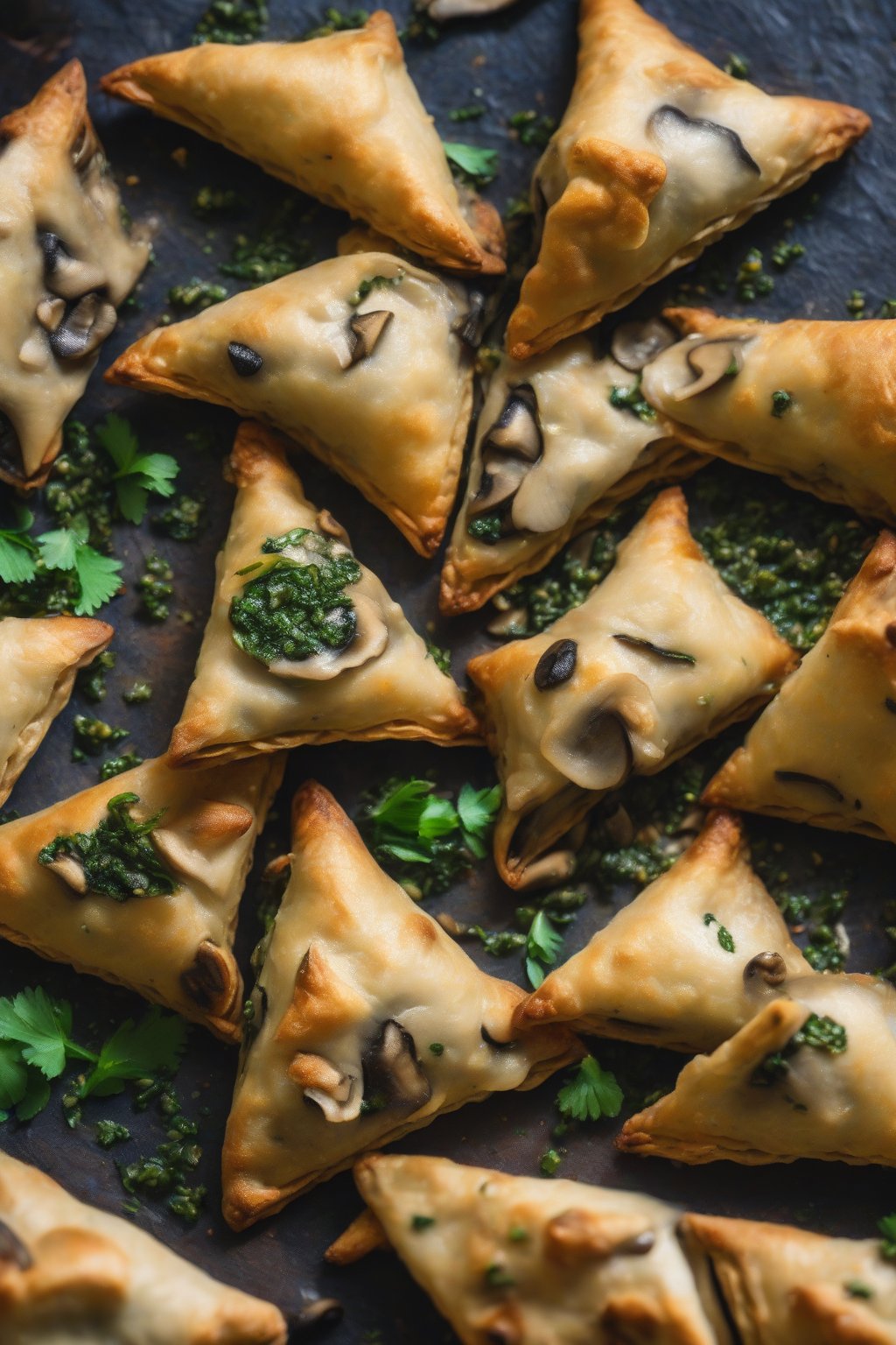 A high-resolution close-up photo of mushroom methi samosas sliced to show chunky mushrooms laced with green fenugreek, under soft lighting.