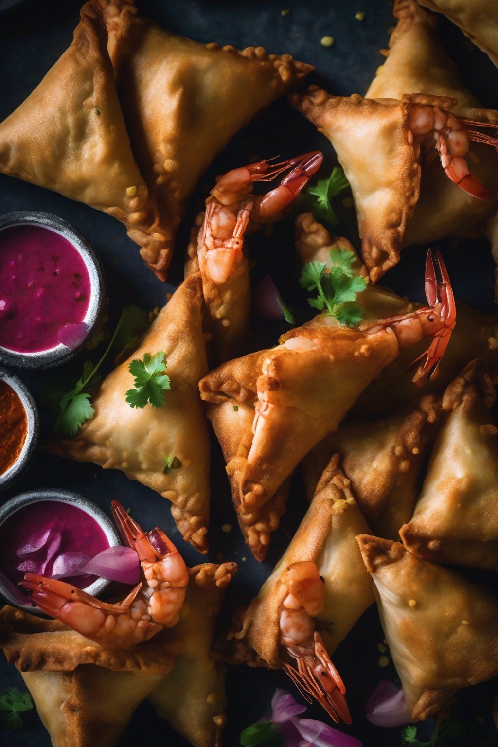 A high-resolution close-up photo of prawn Malabar samosas revealing pink prawns in a dark spiced masala, under soft lighting.