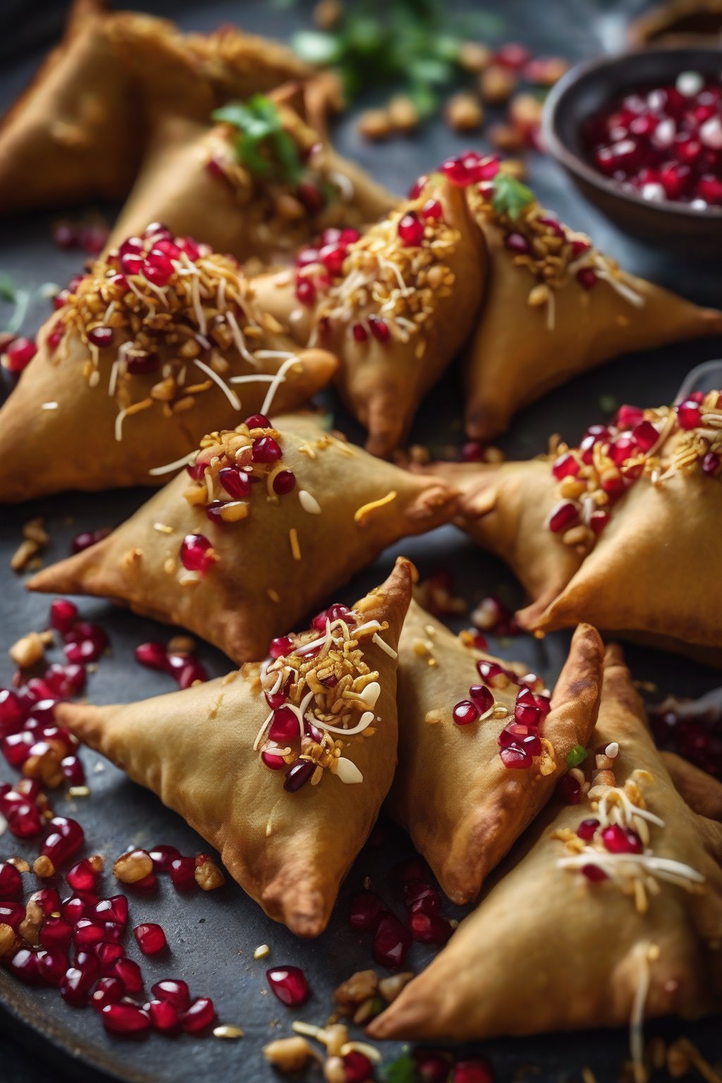 A high-resolution close-up photo of sweet potato chaat samosas topped with crunchy sev and pomegranate arils, under soft lighting.