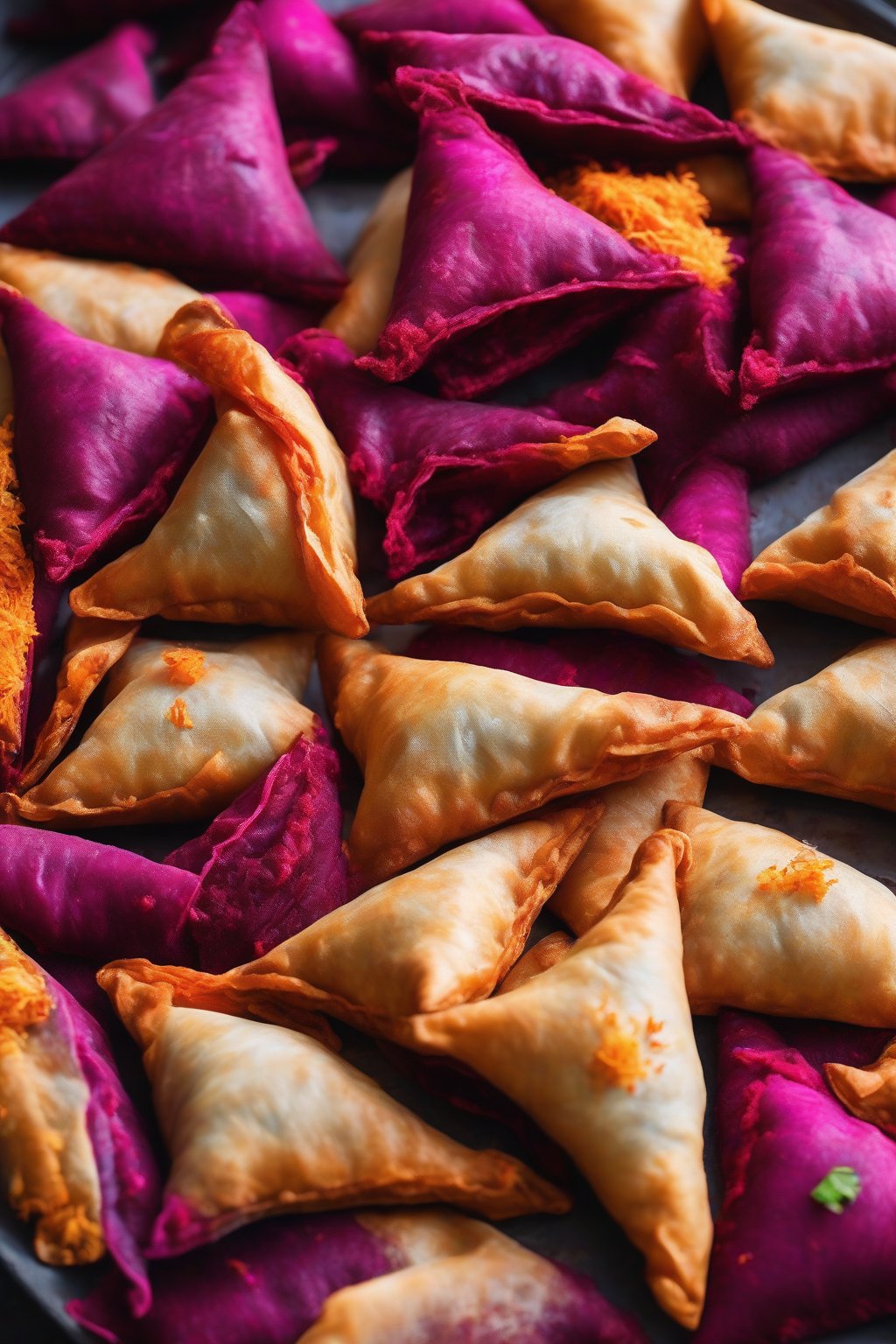 A high-resolution close-up photo of beetroot carrot samosas with their vivid pink-orange filling bursting forth, under soft lighting.