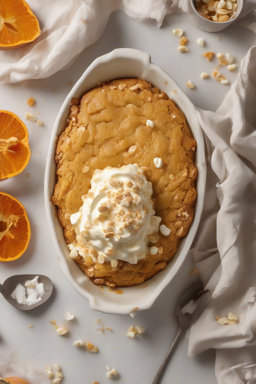 A high-resolution photo of pumpkin white chocolate dump cake studded with creamy white chips melting into spiced orange cake, under soft lighting.