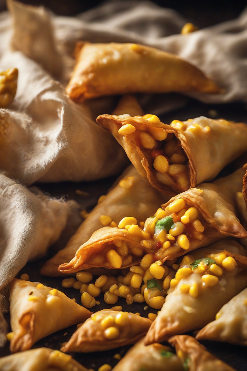 A high-resolution close-up photo of corn bhutta samosas spilling sweet-spicy corn kernels, under soft lighting.