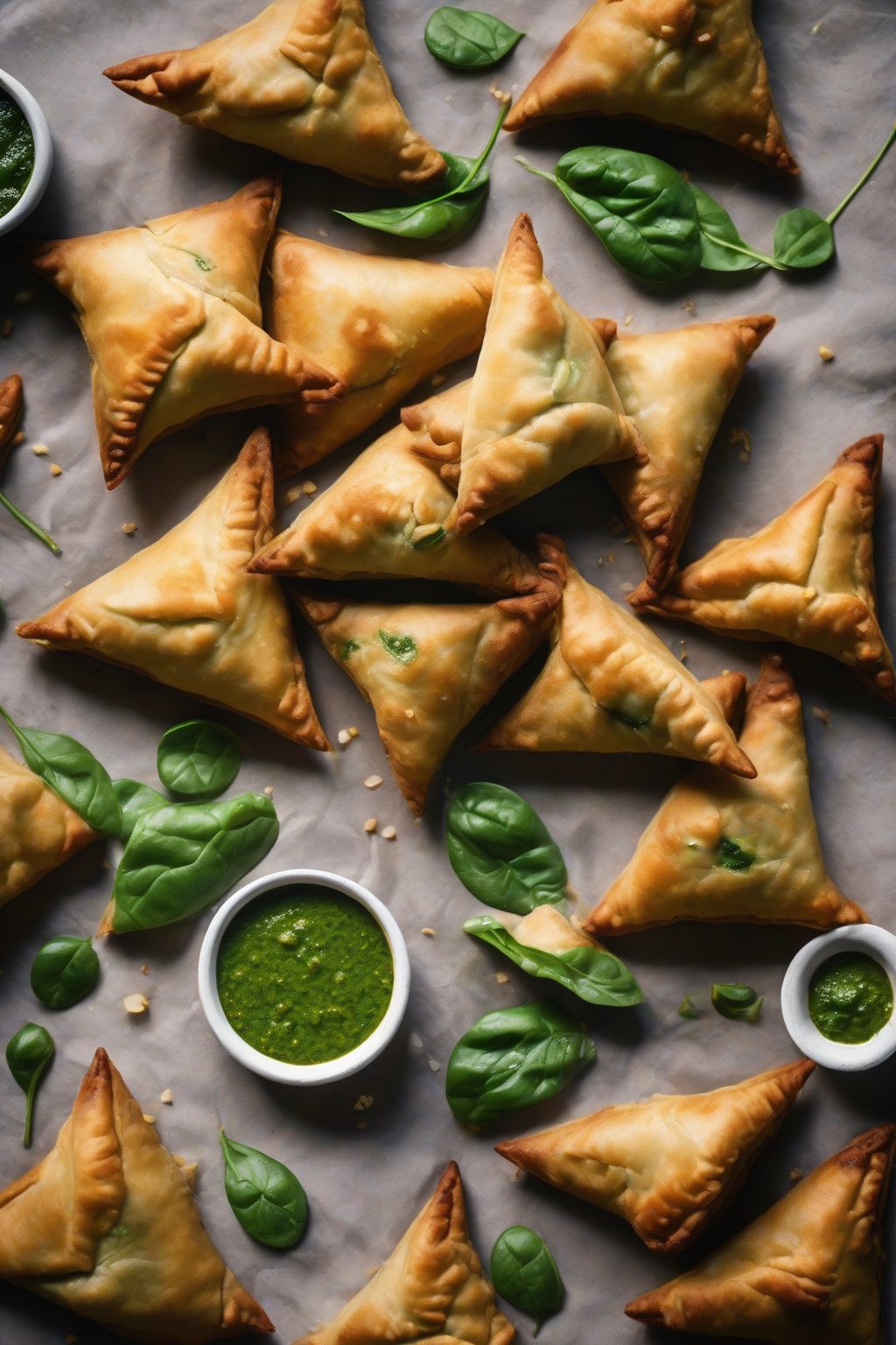 A high-resolution close-up photo of spinach masala samosas with deep green filling and flaky pastry, under soft lighting.