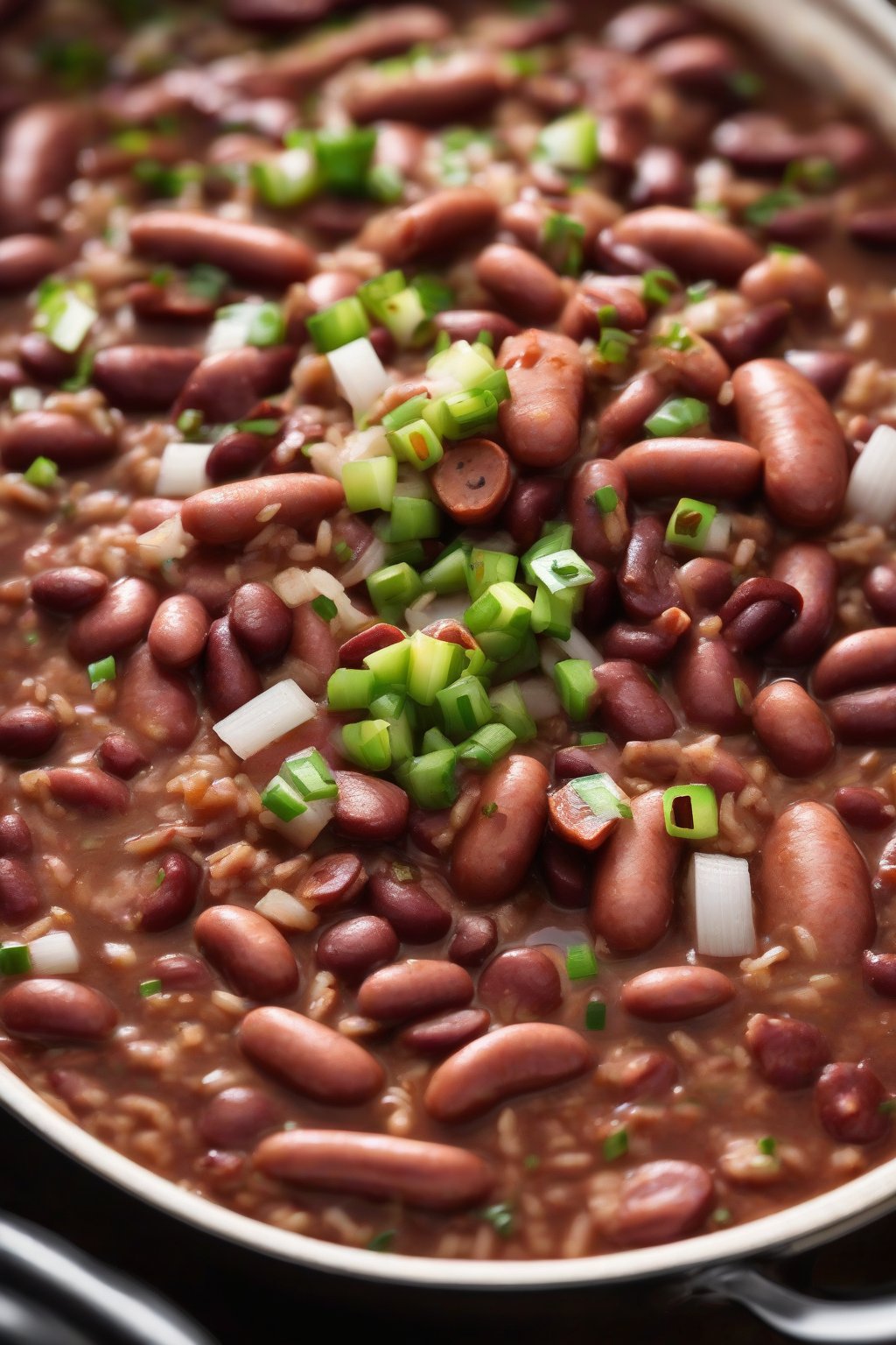 A high-resolution close-up photo of steaming classic Cajun red beans and rice topped with sliced andouille and green onions, under soft lighting.