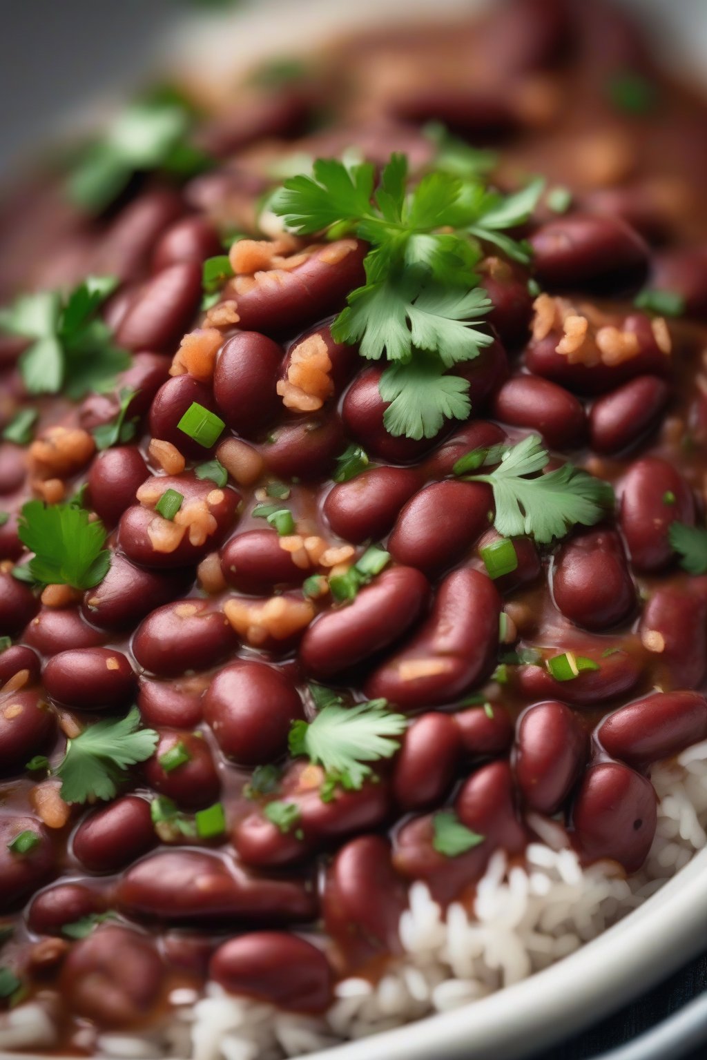 A high-resolution close-up photo of vibrant vegetarian red beans and rice with a smoky paprika swirl, garnished with cilantro, under soft lighting.