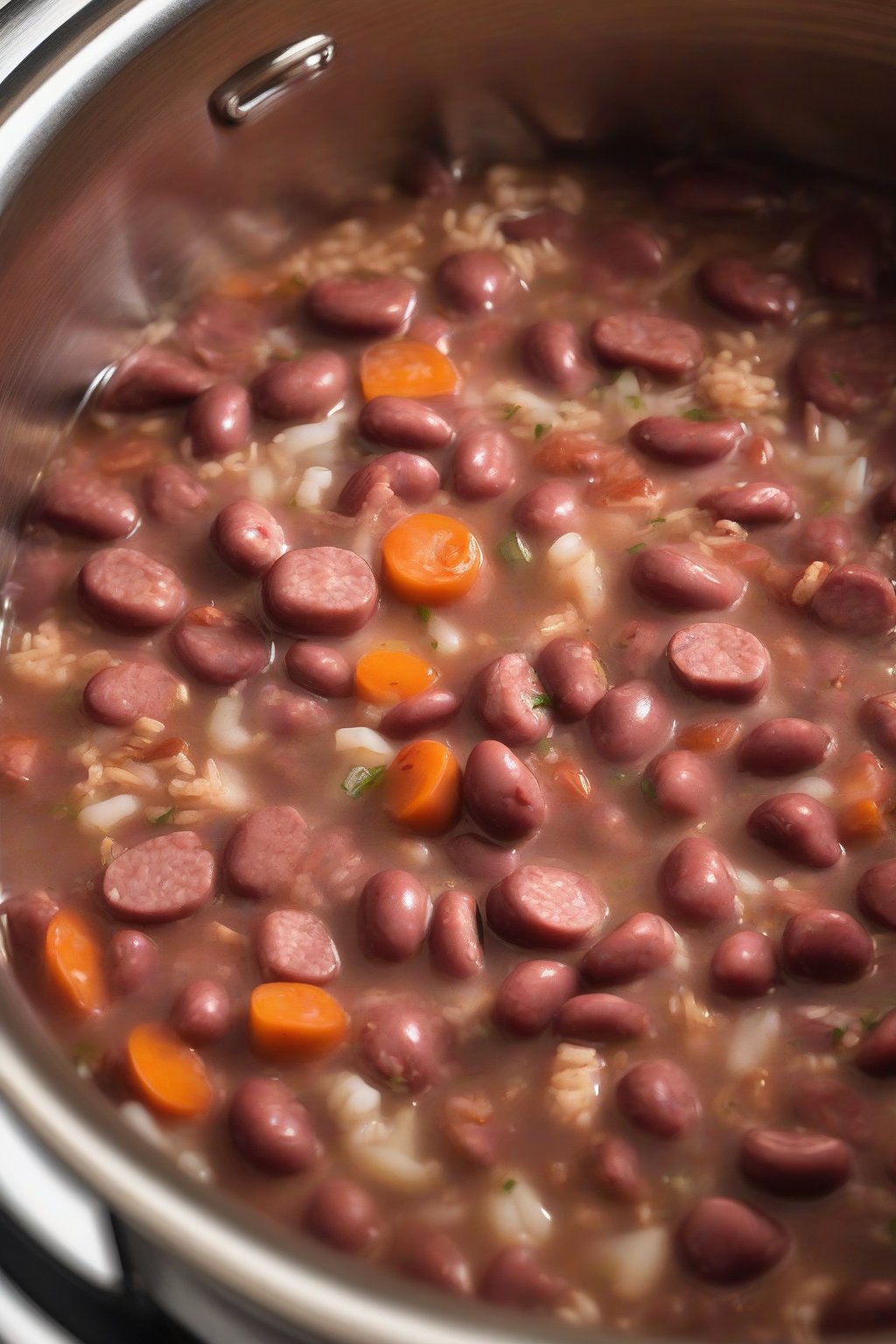 A high-resolution close-up photo of Instant Pot red beans and rice with kielbasa chunks and habanero flecks, steam rising, under soft lighting.