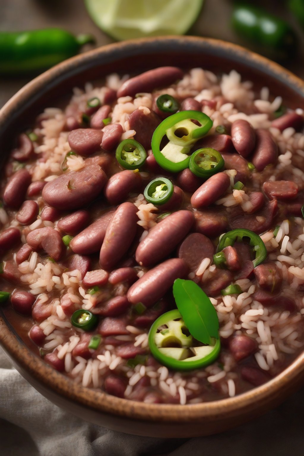 A high-resolution close-up photo of slow-cooked red beans and rice with turkey sausage and jalapeño slices, in a rustic bowl, under soft lighting.