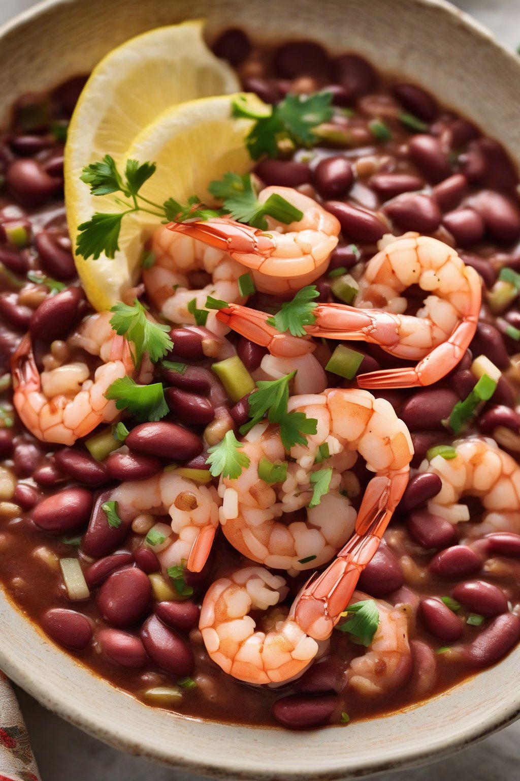 A high-resolution close-up photo of shrimp-studded spicy red beans and rice with Creole flair, lemon wedge garnish, under soft lighting.