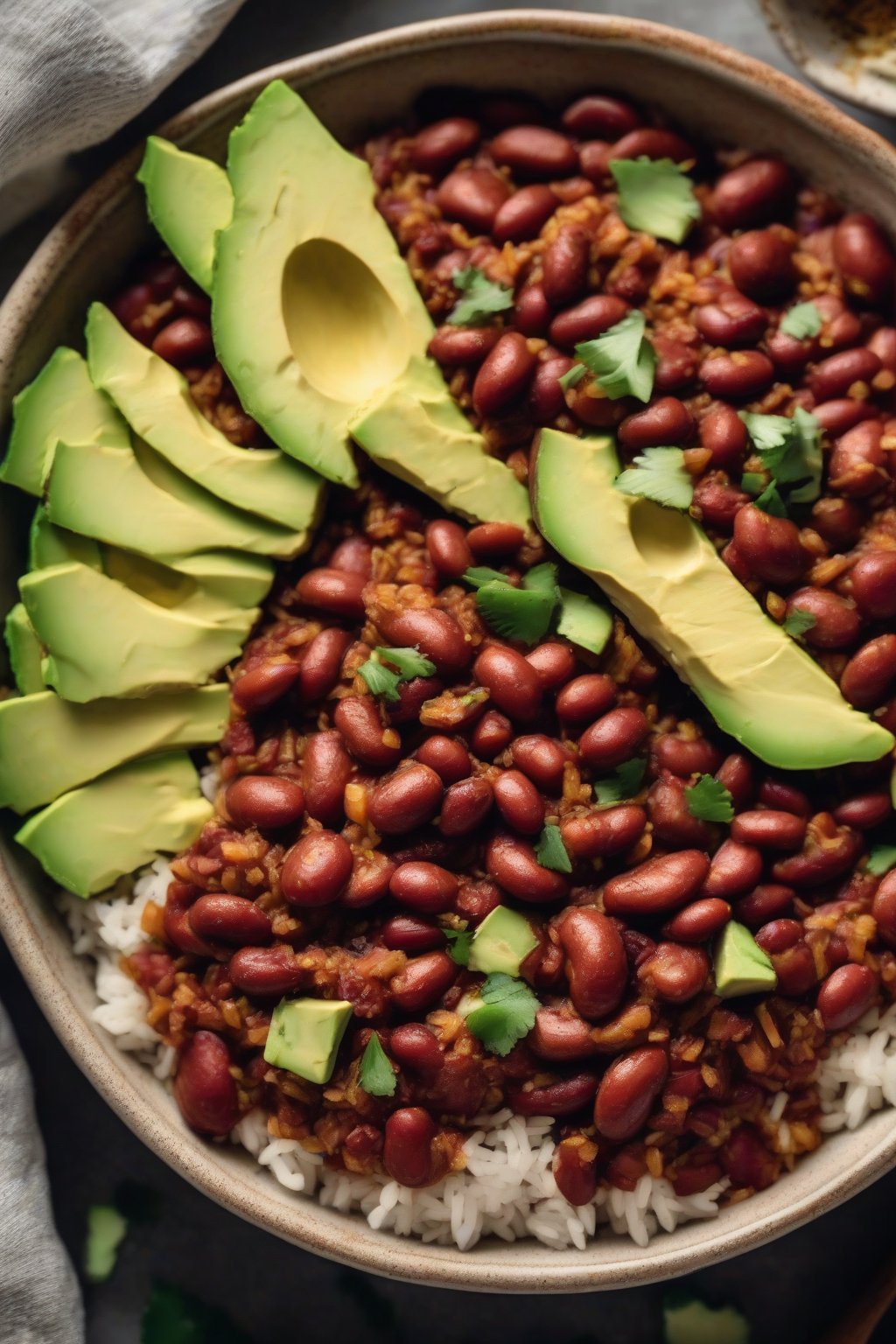 A high-resolution close-up photo of vegan chorizo red beans and rice with chili powder dusting, fresh avocado slices, under soft lighting.