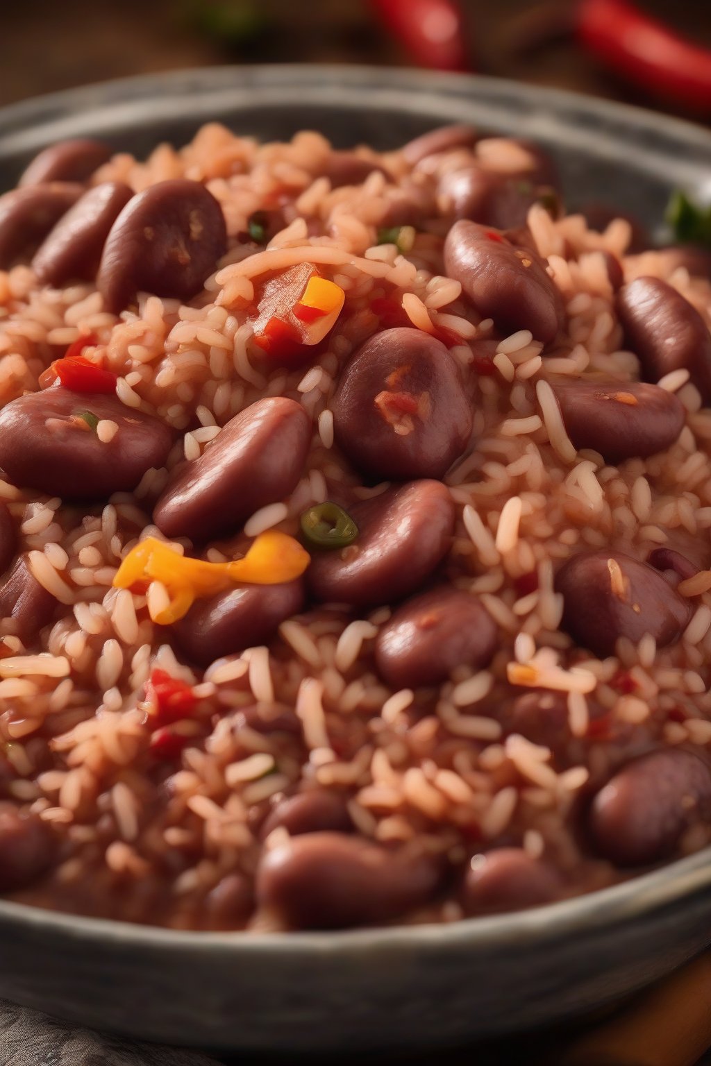 A high-resolution close-up photo of fiery habanero red beans and rice with sausage, red chili flecks prominent, under soft lighting.