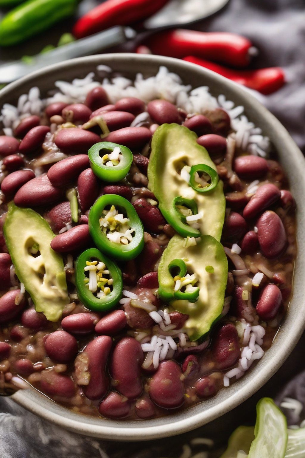 A high-resolution close-up photo of red beans and rice topped with pickled jalapeños and sausage, tangy brine shine, under soft lighting.