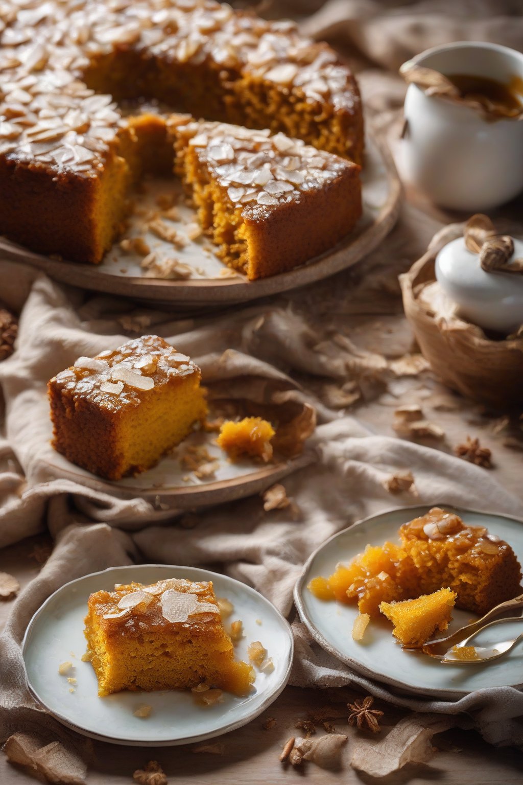 A high-resolution photo of pumpkin ginger dump cake garnished with chopped crystallized ginger, steam rising from a fresh slice, under soft lighting.