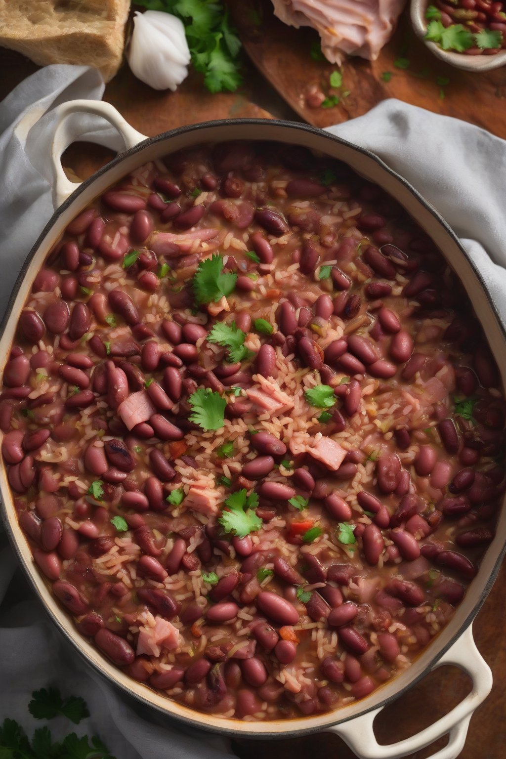 A high-resolution close-up photo of one-pot ghost pepper red beans and rice, smoky ham hock visible, under soft lighting.