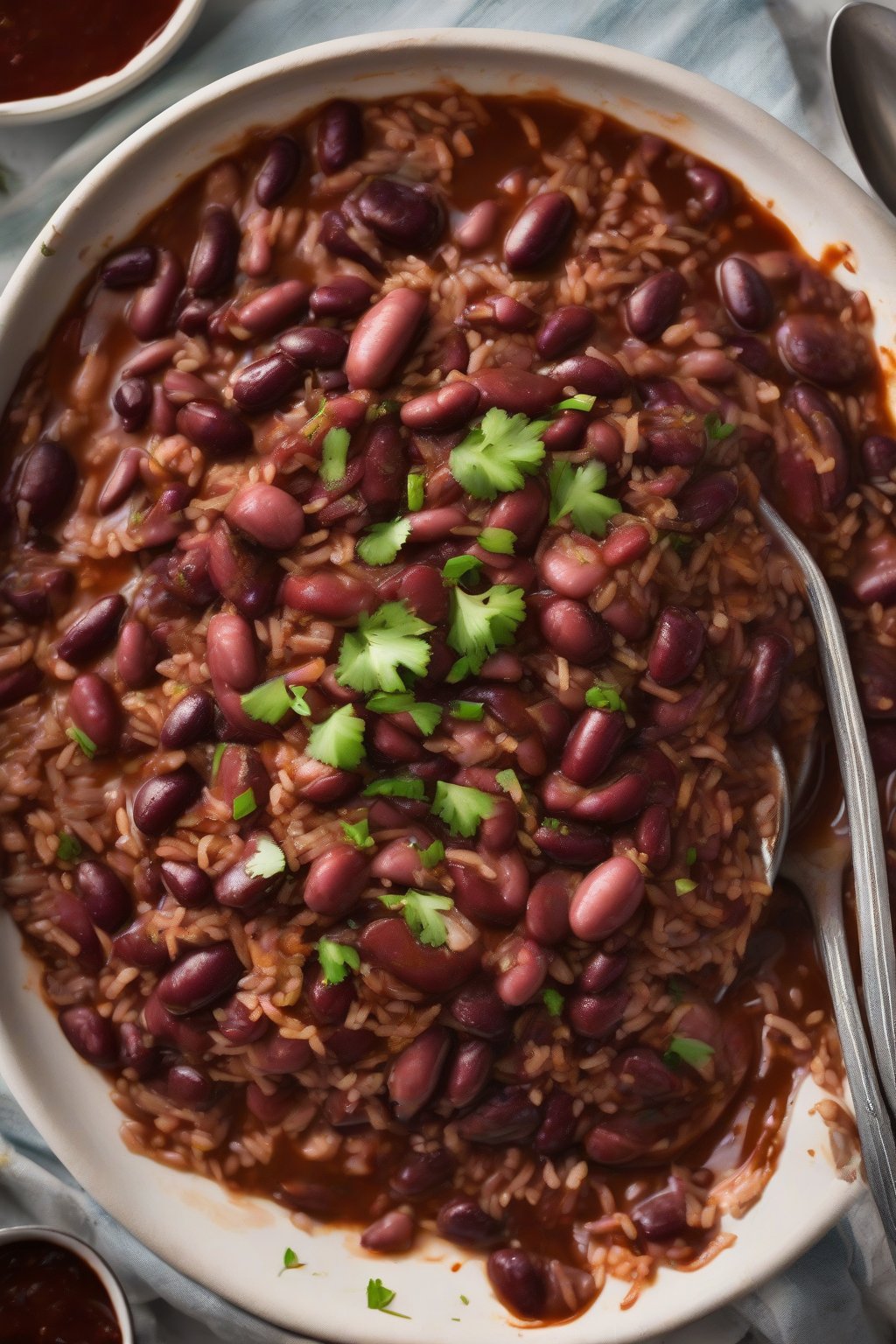 A high-resolution close-up photo of brisket-loaded spicy red beans and rice, barbecue sauce drizzle, under soft lighting.