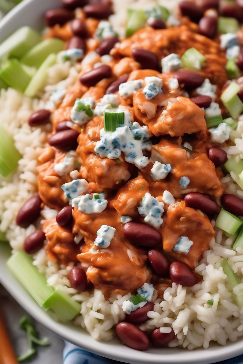 A high-resolution close-up photo of buffalo chicken red beans and rice with blue cheese crumbles, celery garnish, under soft lighting.