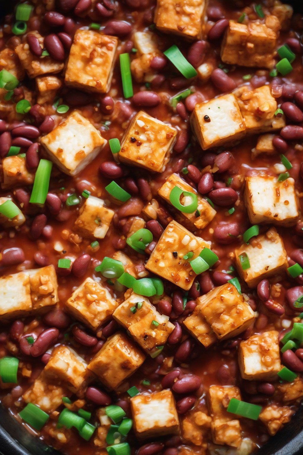 A high-resolution close-up photo of sriracha tofu red beans and rice, crispy tofu bits and green onions, under soft lighting.