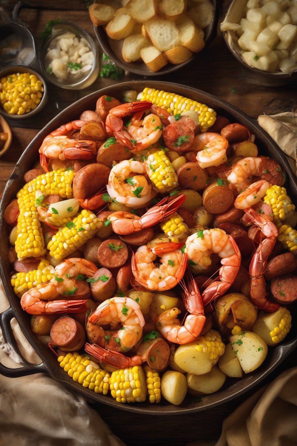 A high-resolution photo of a steaming classic Cajun shrimp boil piled high with potatoes, corn, sausage, and bright red shrimp, under soft lighting.