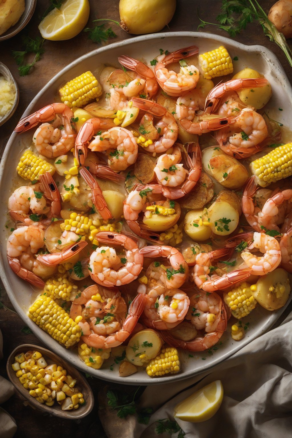 A high-resolution photo of garlic butter shrimp boil glistening with melted butter, shrimp piled atop golden potatoes and corn, under soft lighting.