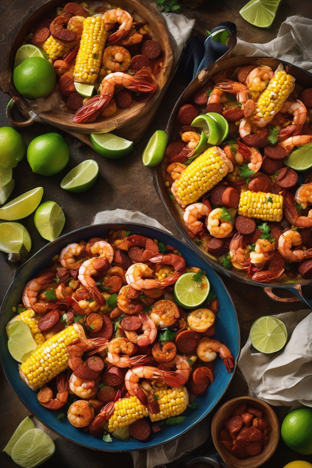 A high-resolution photo of Mexican chorizo shrimp boil with smoky sausage slices, vibrant corn, and zesty lime accents, under soft lighting.