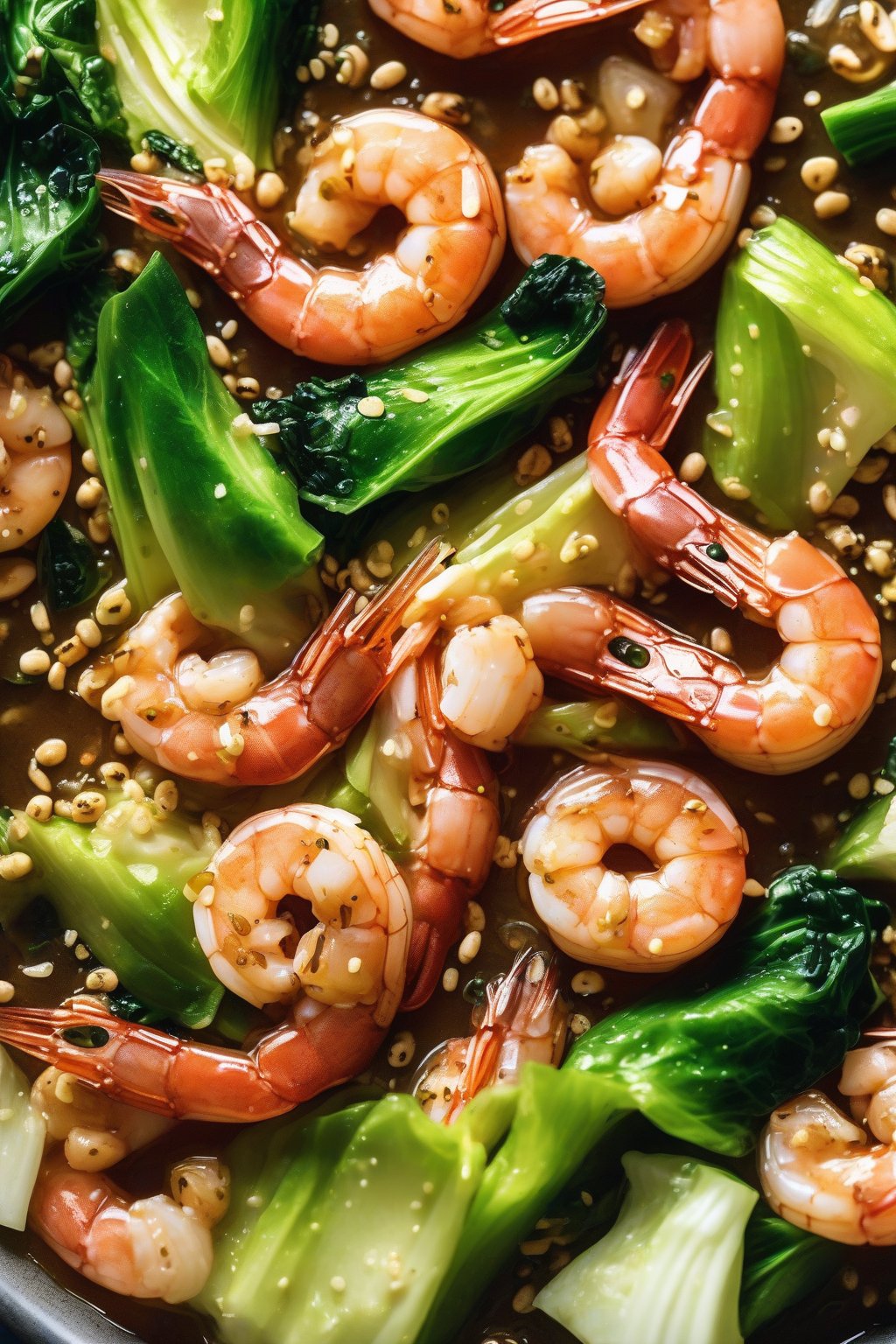 A high-resolution photo of Asian sriracha shrimp boil with green bok choy, glossy shrimp, and sesame seeds scattered on top, under soft lighting.