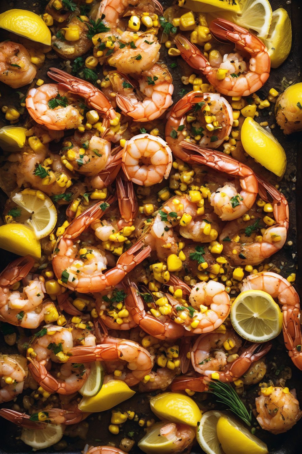 A high-resolution photo of lemon pepper shrimp boil bursting with yellow zest, tender shrimp, and charred corn edges, under soft lighting.