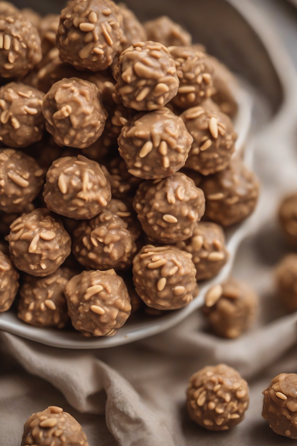 A high-resolution photo of bite-sized peanut butter energy balls on a plate under soft lighting.
