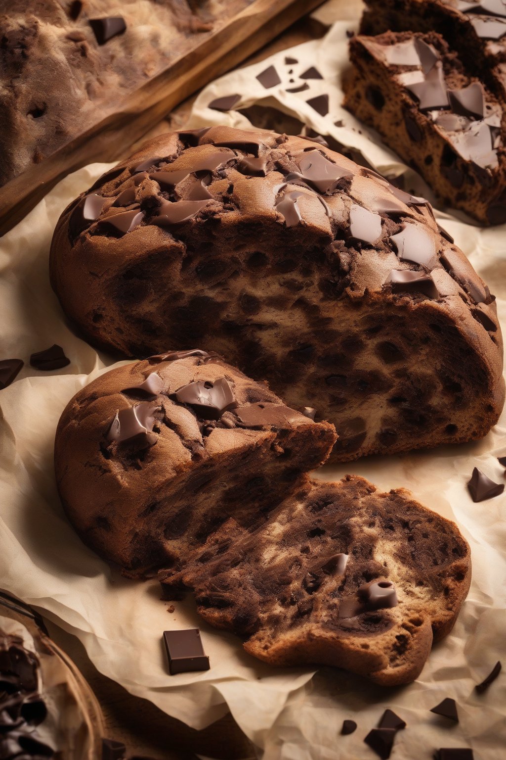 A high-resolution photo of chocolate chunk sourdough with molten dark chocolate pools in the crumb, under soft lighting.