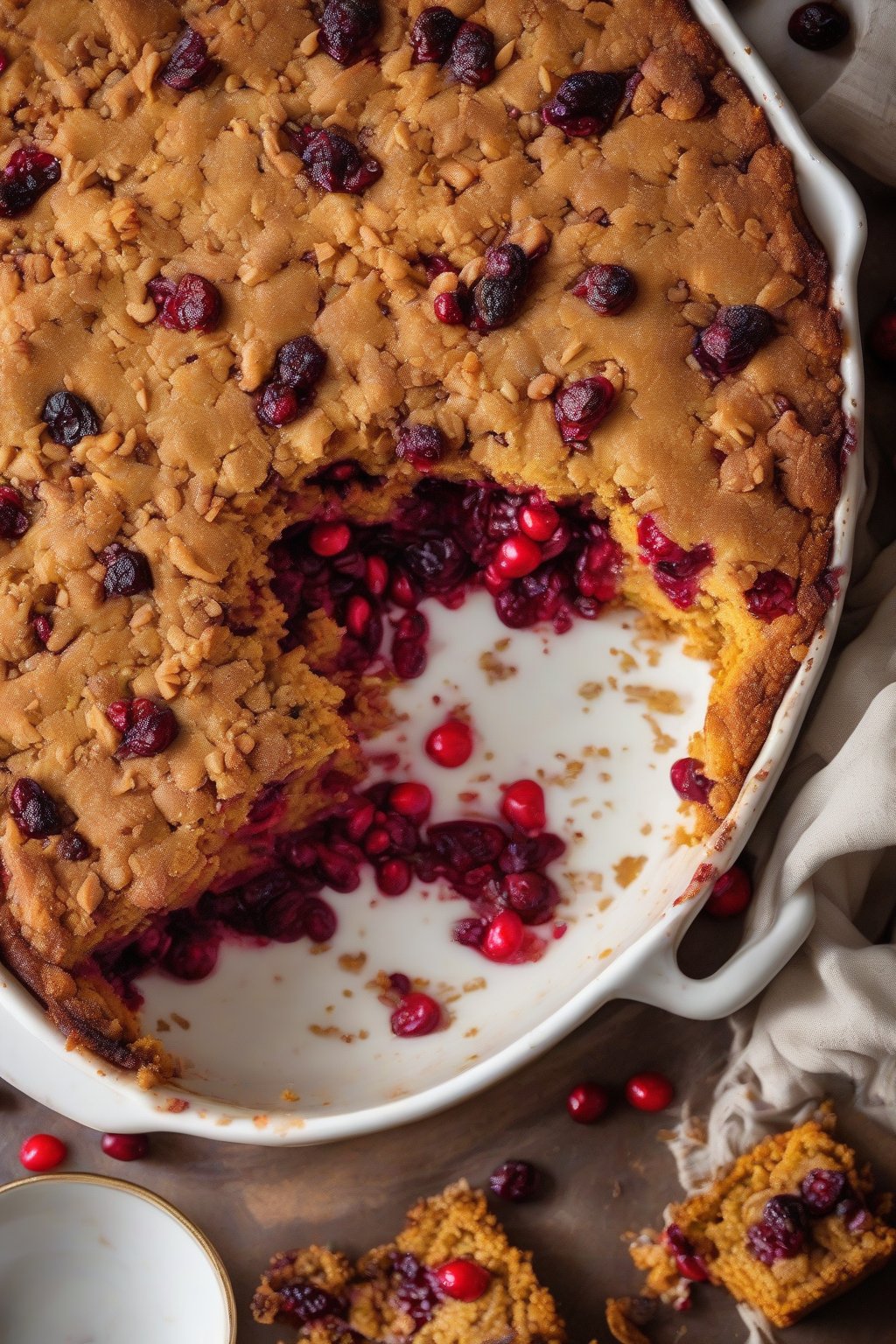 A high-resolution photo of pumpkin cranberry dump cake with vibrant red berries dotting the golden top, under soft lighting.
