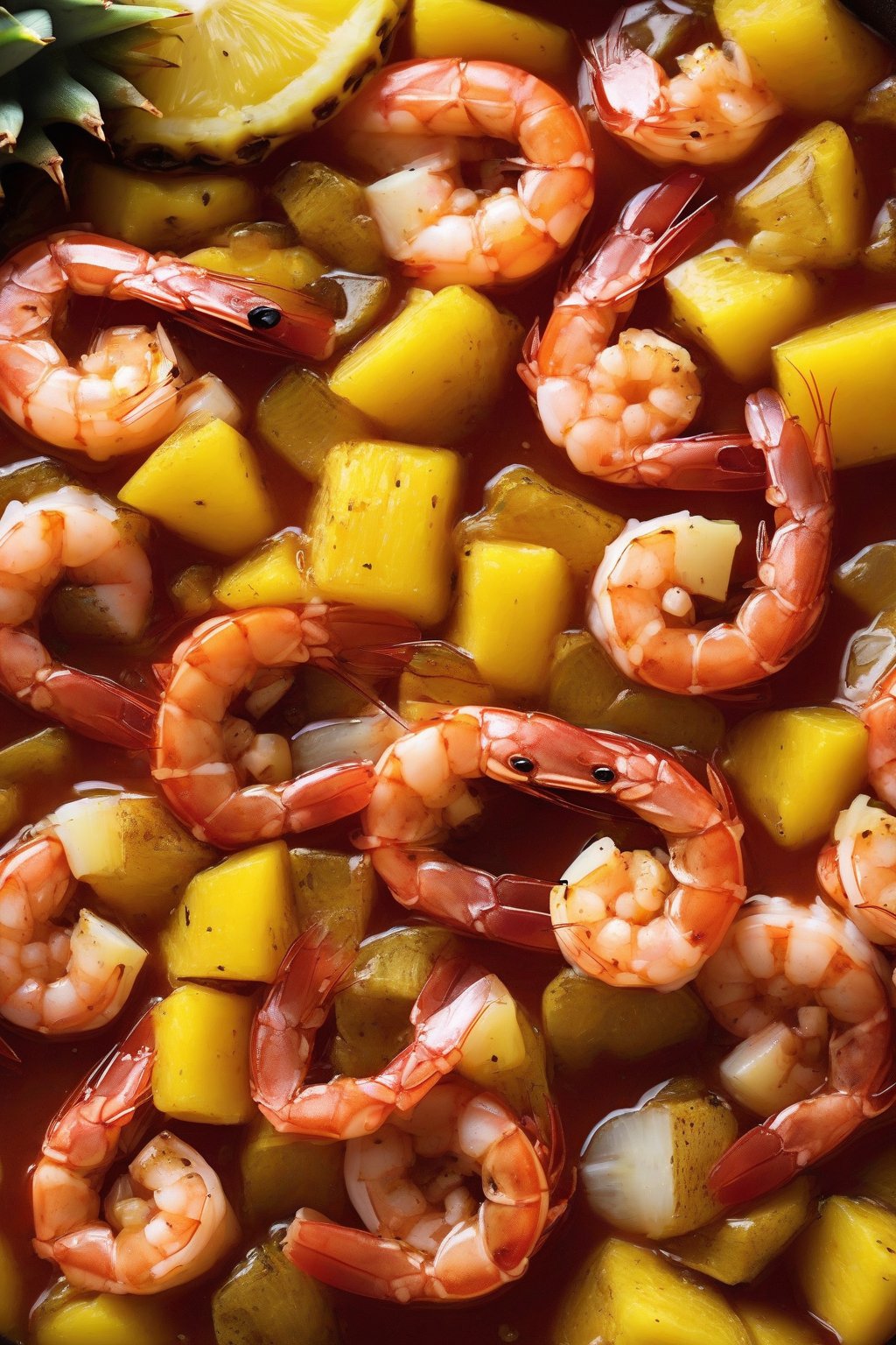 A high-resolution photo of tropical habanero pineapple shrimp boil with juicy fruit chunks and fiery red shrimp, under soft lighting.