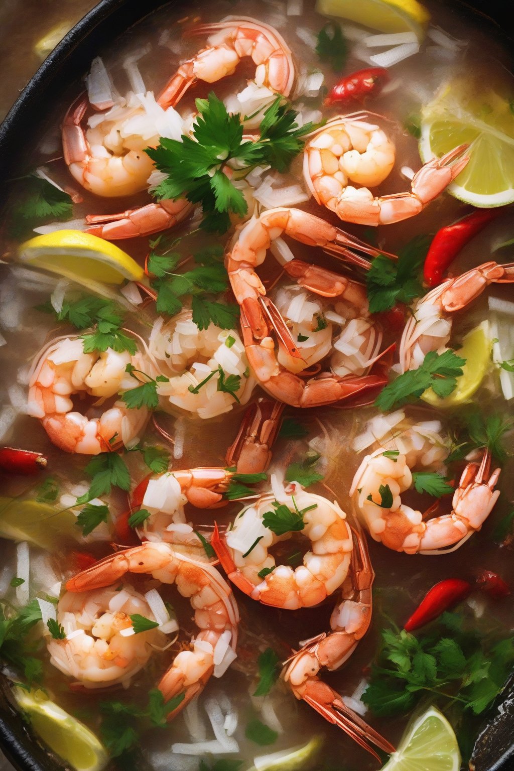 A high-resolution photo of Thai chili lemongrass shrimp boil steaming with fresh herbs and coconut hints, under soft lighting.