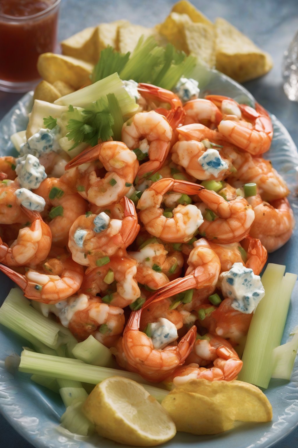A high-resolution photo of buffalo shrimp boil sauced red, with celery-like freshness and creamy blue cheese dollops, under soft lighting.