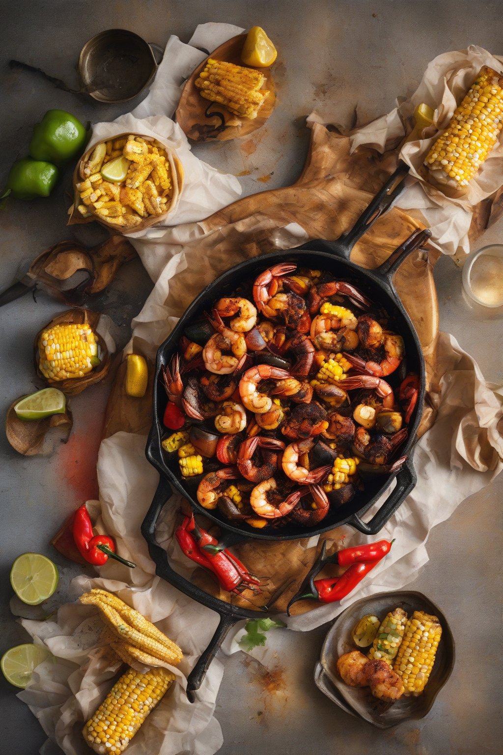 A high-resolution photo of Creole blackened shrimp boil with charred shrimp edges, peppers, and spice-dusted corn, under soft lighting.