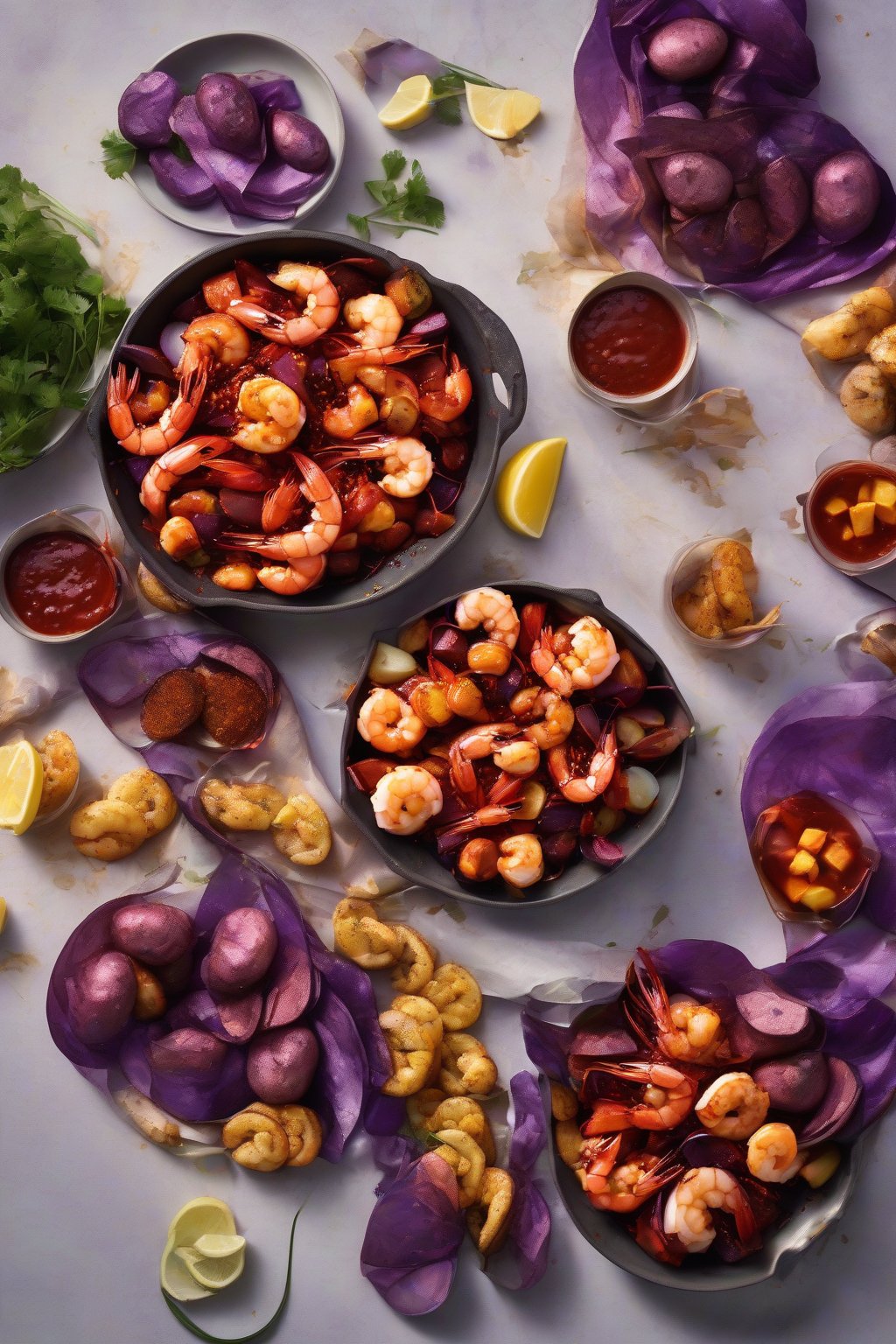 A high-resolution photo of firecracker gochujang shrimp boil with deep red sauce coating vibrant purple potatoes and shrimp, under soft lighting.