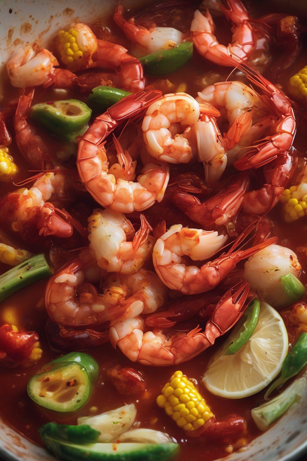 A high-resolution photo of ghost pepper shrimp boil with intensely red hues, cautious steam rising from shrimp and veggies, under soft lighting.
