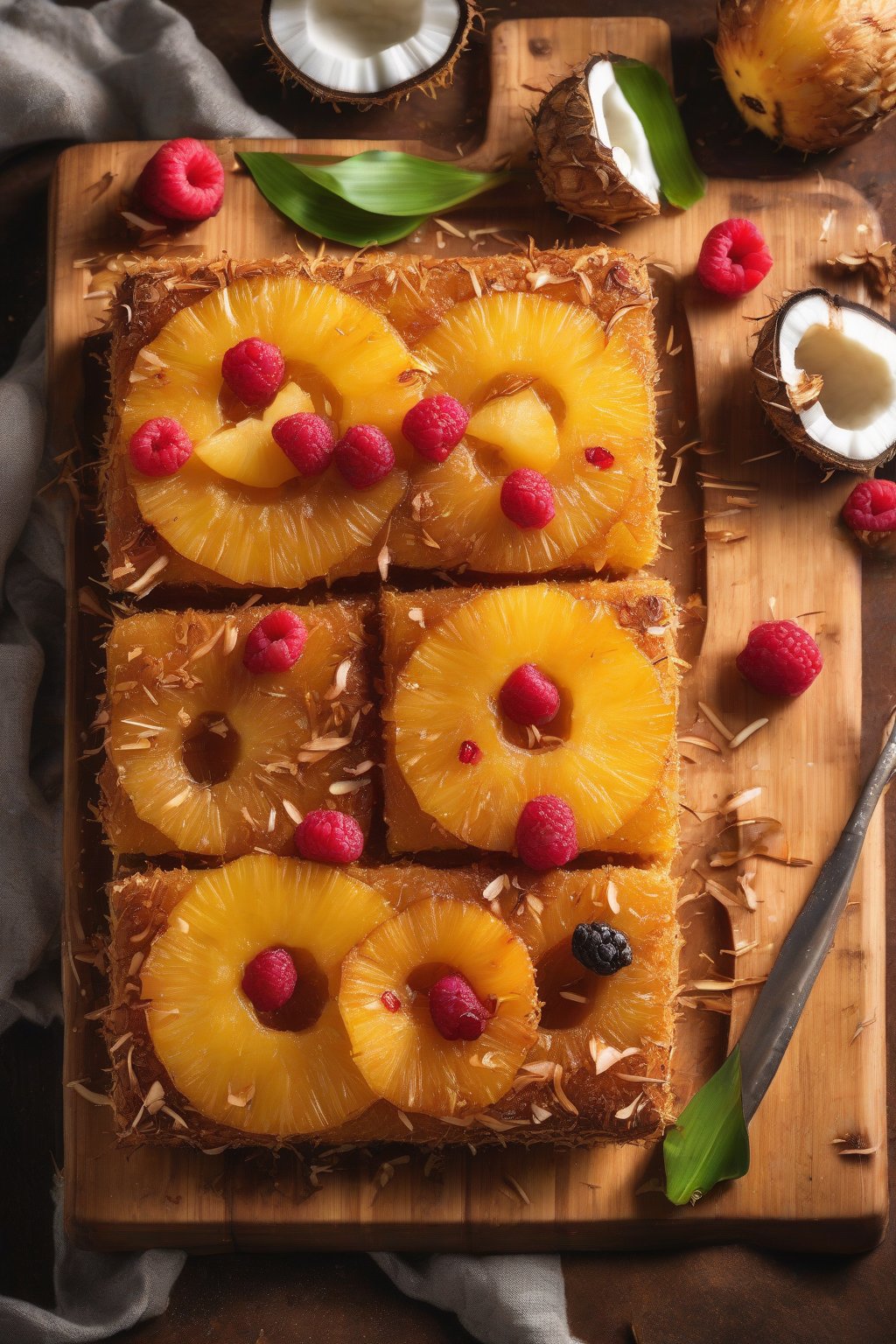 A high-resolution photo of a coconut-crusted pineapple upside-down cake on a bamboo board, golden edges with toasted coconut flakes and juicy fruit, under soft lighting.