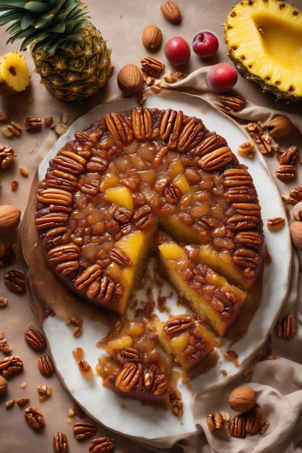 A high-resolution photo of pecan praline pineapple upside-down cake sliced to show caramelized nuts embedded in fruit topping, warm and inviting, under soft lighting.