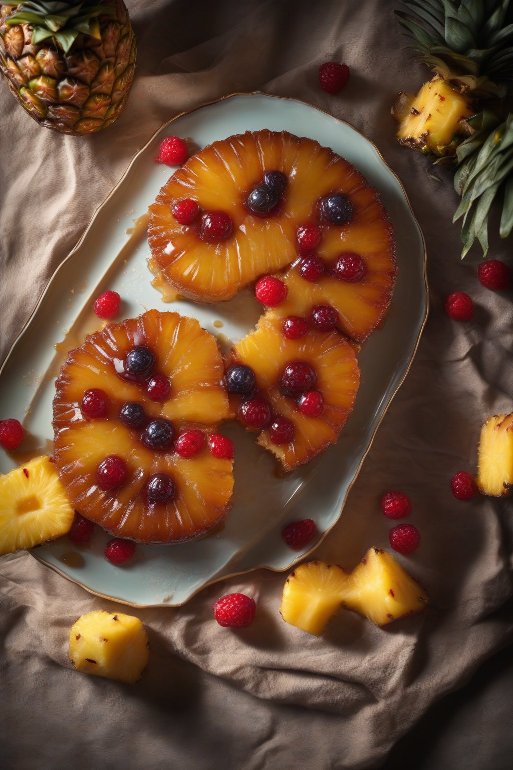 A high-resolution photo of rum-glazed pineapple upside-down cake with glistening fruit and subtle caramel rum shine, served on a retro plate, under soft lighting.