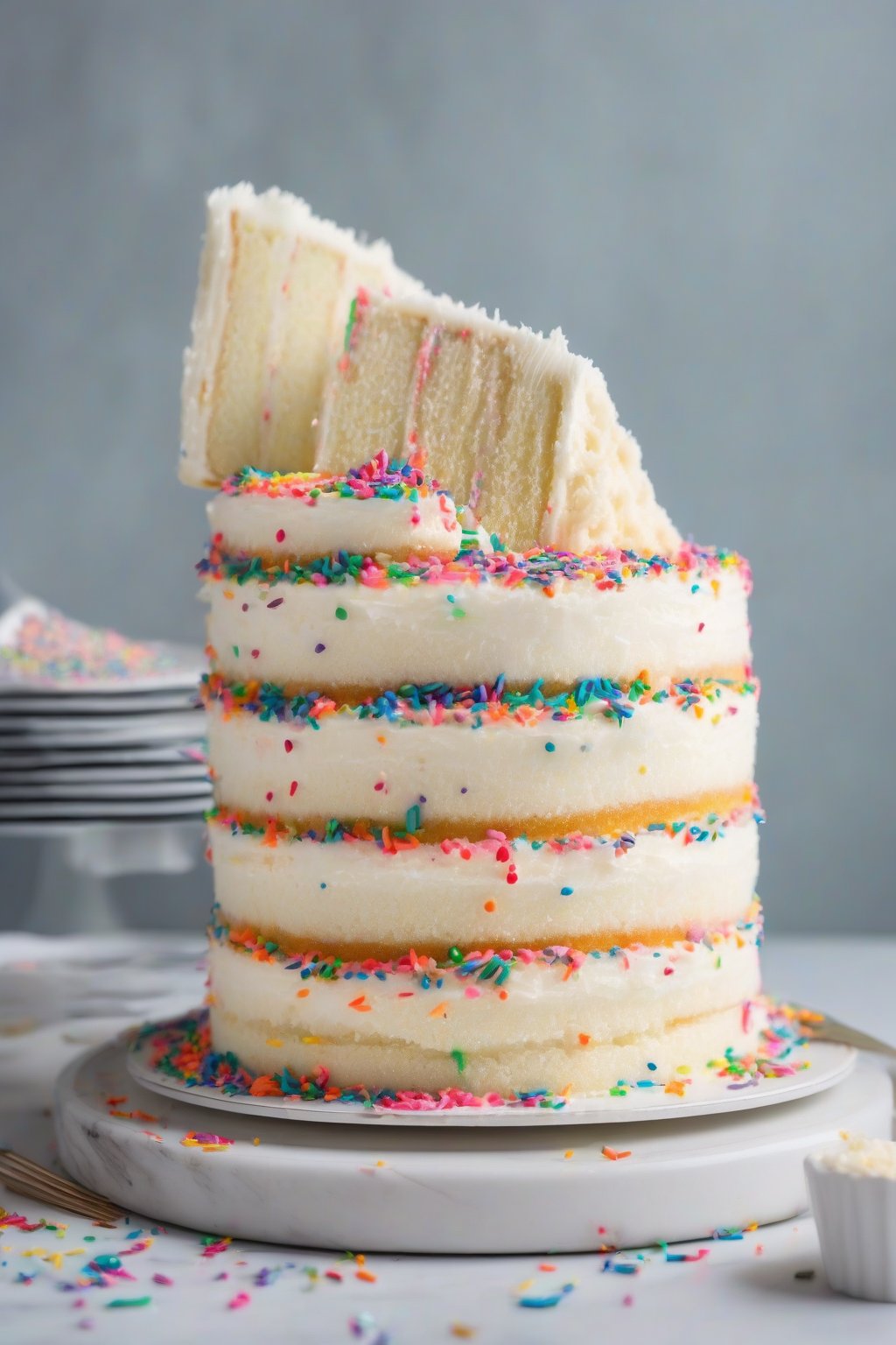 A high-resolution photo of a tall, fluffy vanilla layer cake with white buttercream frosting and colorful sprinkles, sliced to show moist layers, under soft lighting.