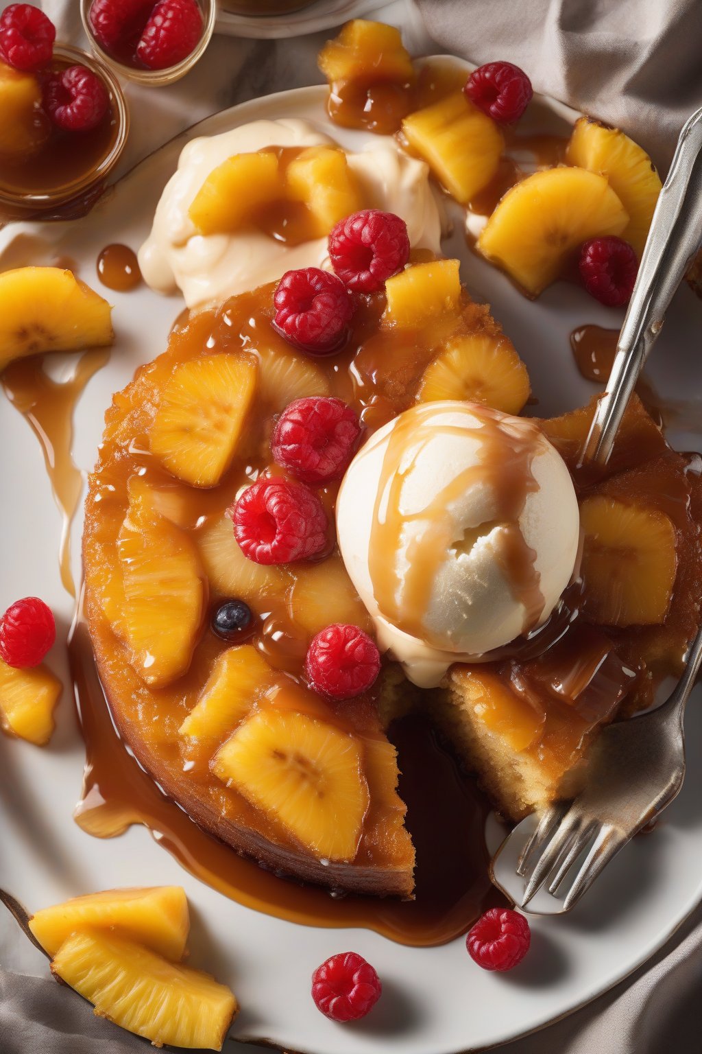 A high-resolution photo of banana-pineapple upside-down cake with layered fruit slices peeking through caramel, a scoop of ice cream melting on top, under soft lighting.