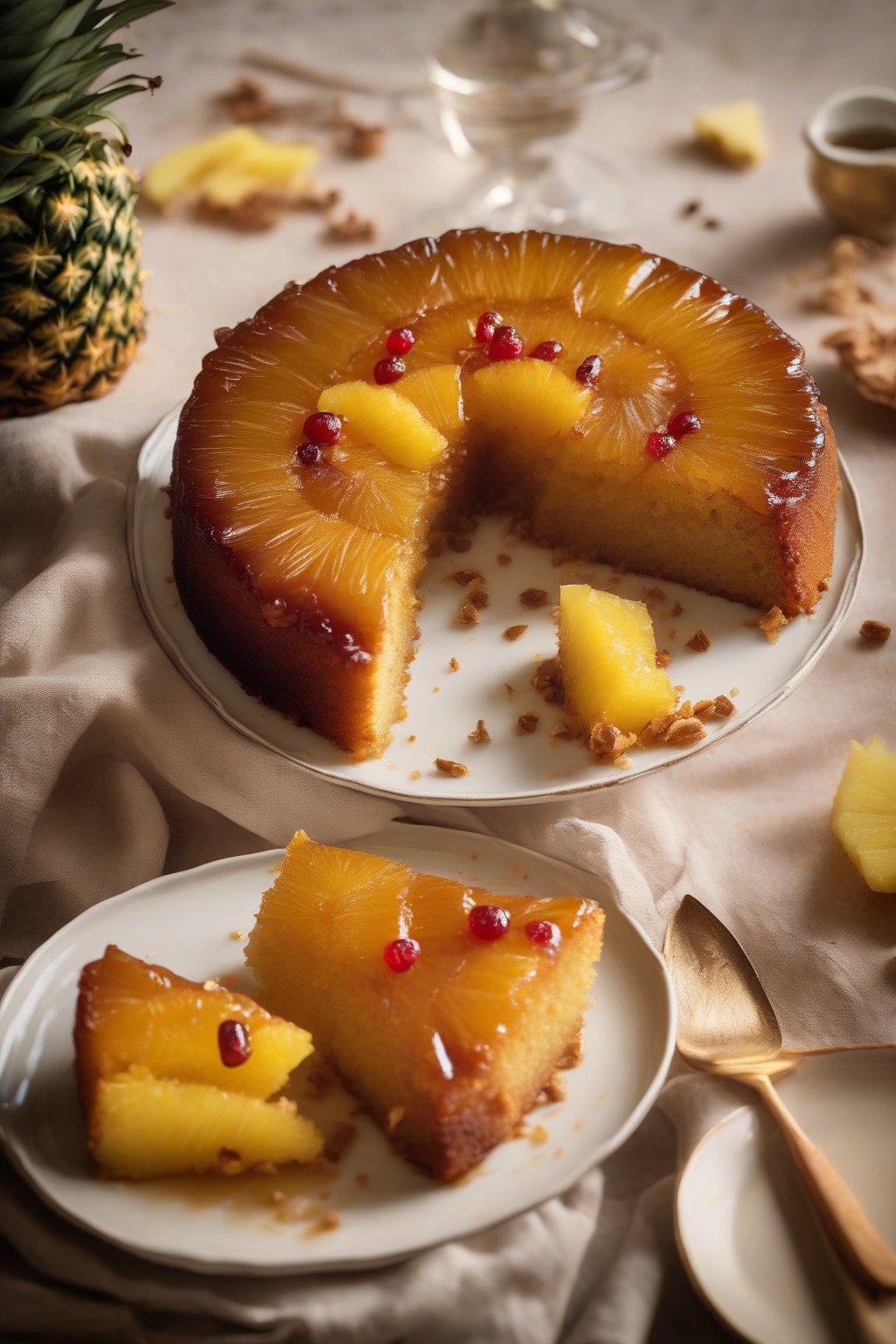 A high-resolution photo of spiced ginger pineapple upside-down cake with warm golden hues and aromatic steam rising, close-up slice, under soft lighting.
