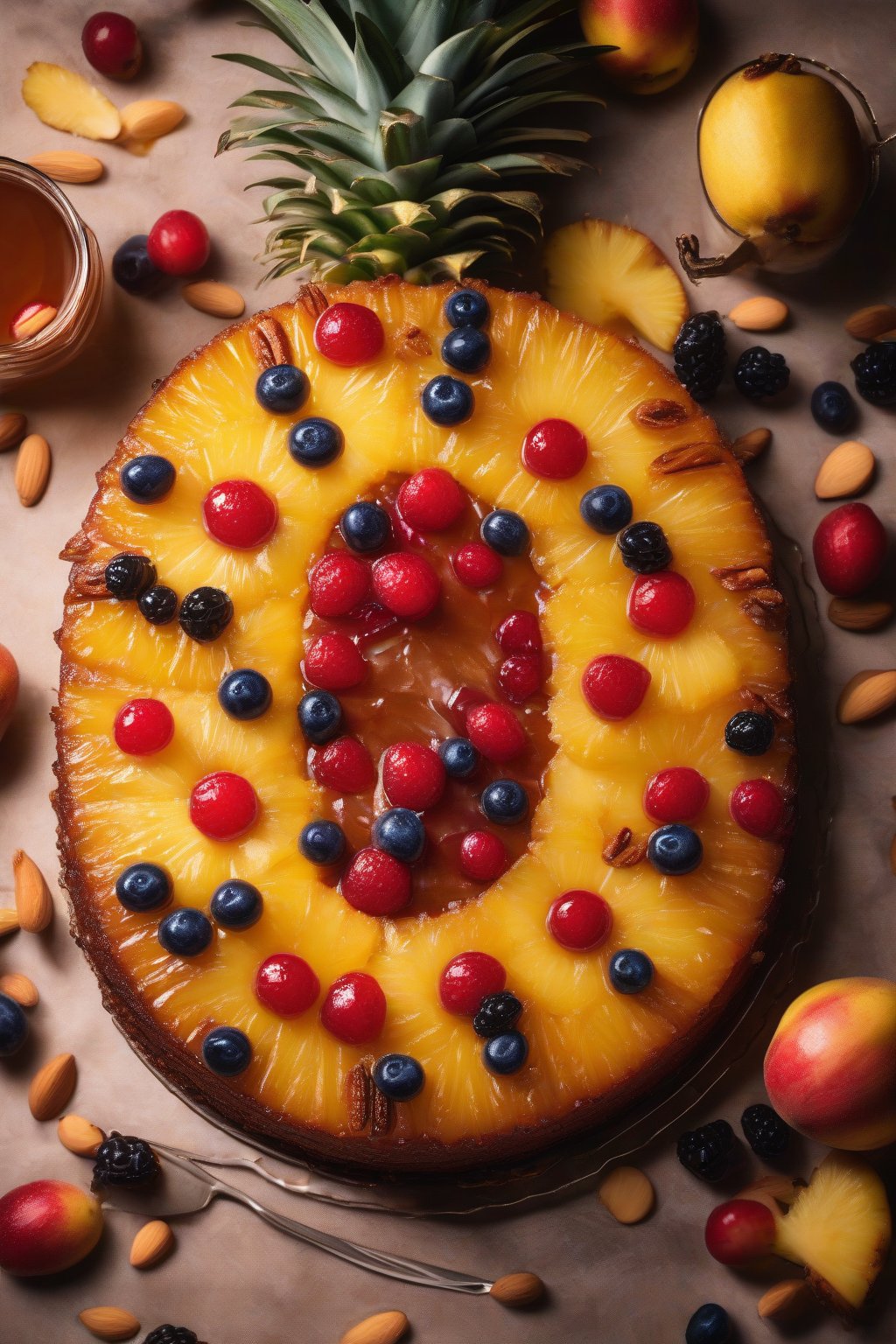 A high-resolution photo of almond amaretto pineapple upside-down cake topped with toasted slices and glossy fruit, elegant presentation, under soft lighting.