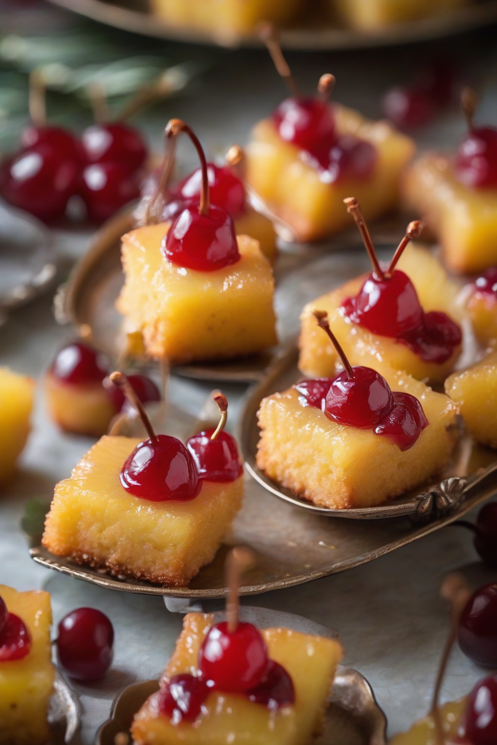 A high-resolution photo of mini pineapple upside-down cake bites on a vintage tray, each with tiny cherry center, fresh and colorful, under soft lighting.
