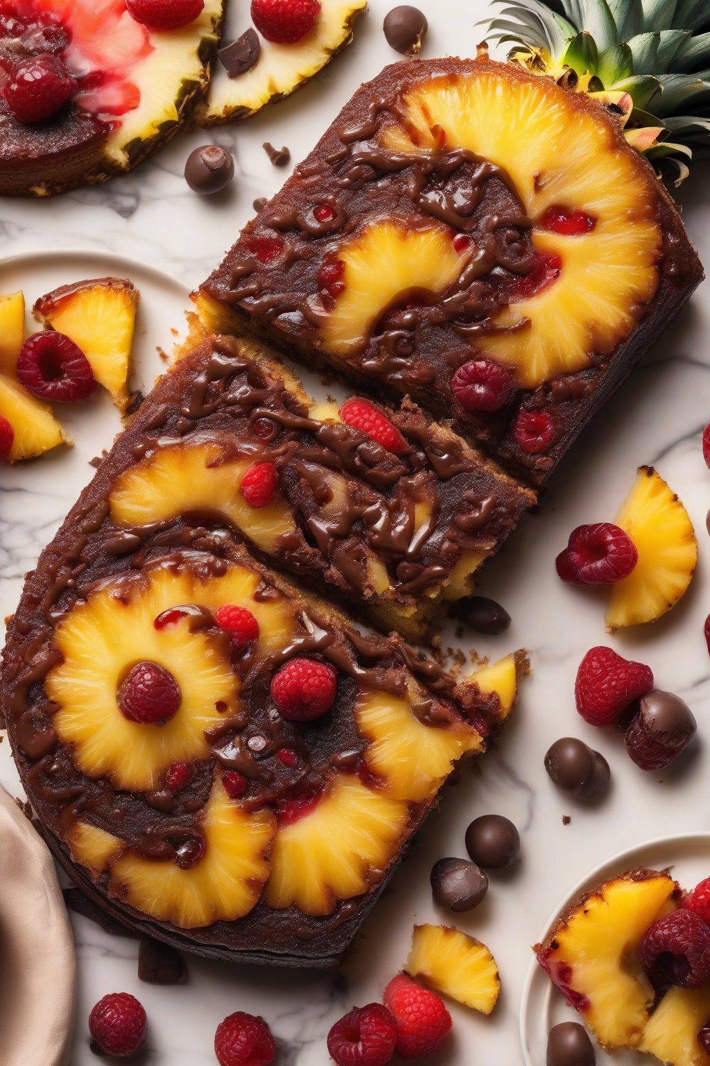 A high-resolution photo of chocolate swirl pineapple upside-down cake sliced to reveal marbled interior with fruit topping, under soft lighting.