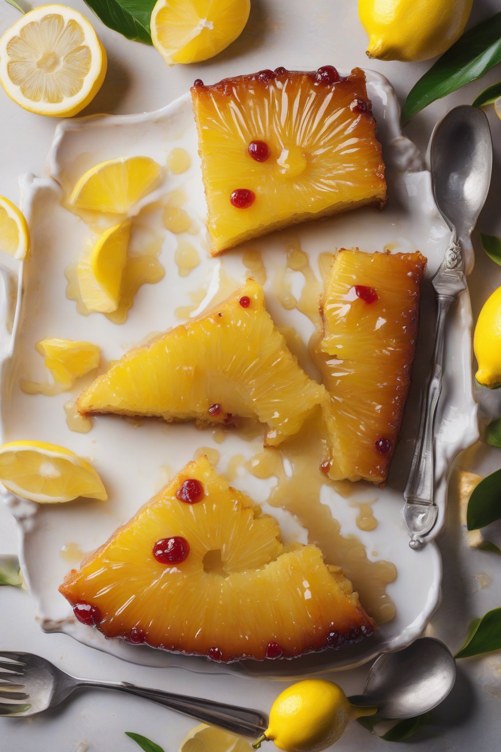 A high-resolution photo of lemon-glazed pineapple upside-down cake with shiny drizzle over fruit, fresh lemon wedges nearby, under soft lighting.