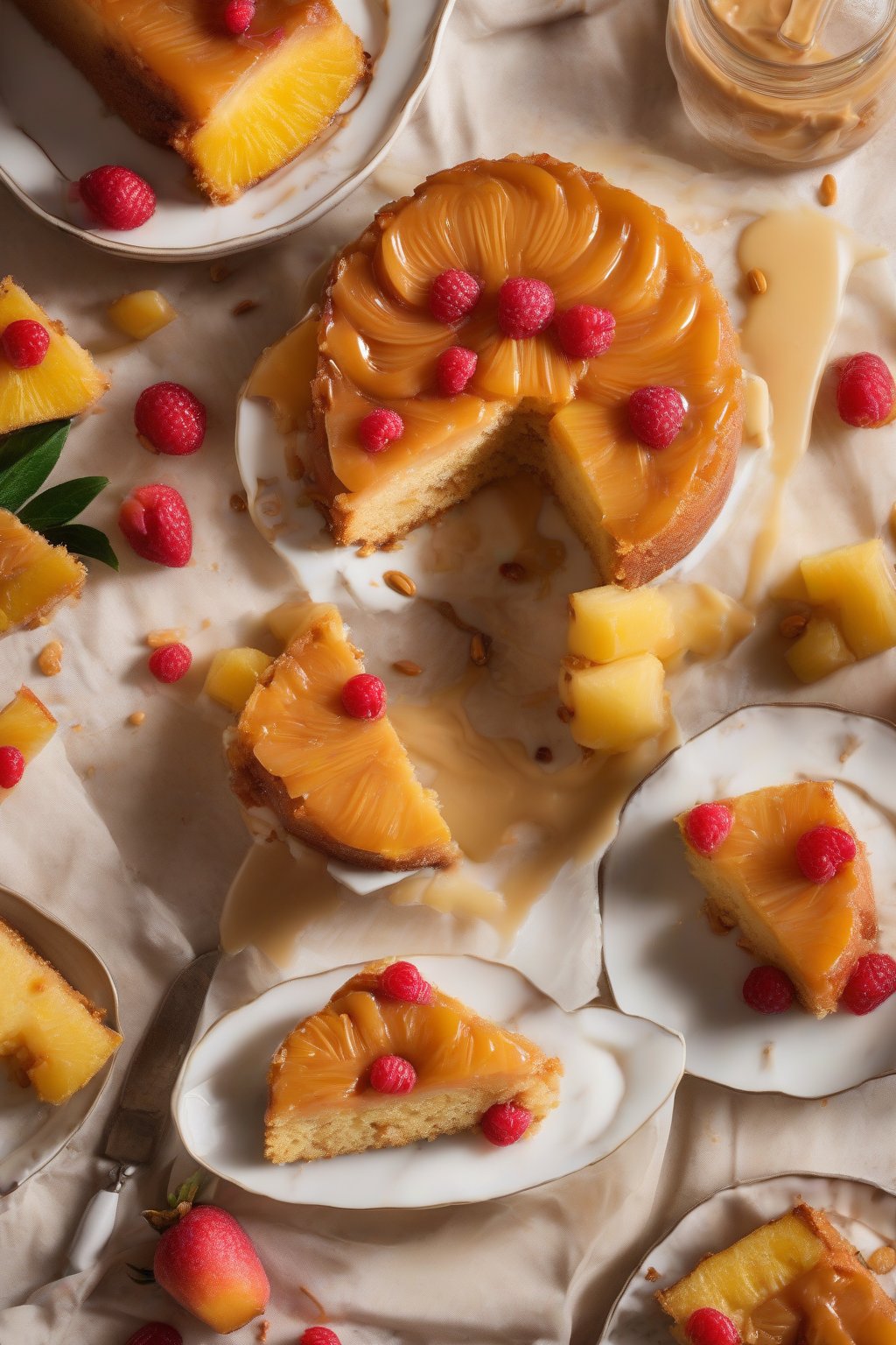 A high-resolution photo of peanut butter ripple pineapple upside-down cake with creamy swirls visible in slice, tropical fruit contrast, under soft lighting.