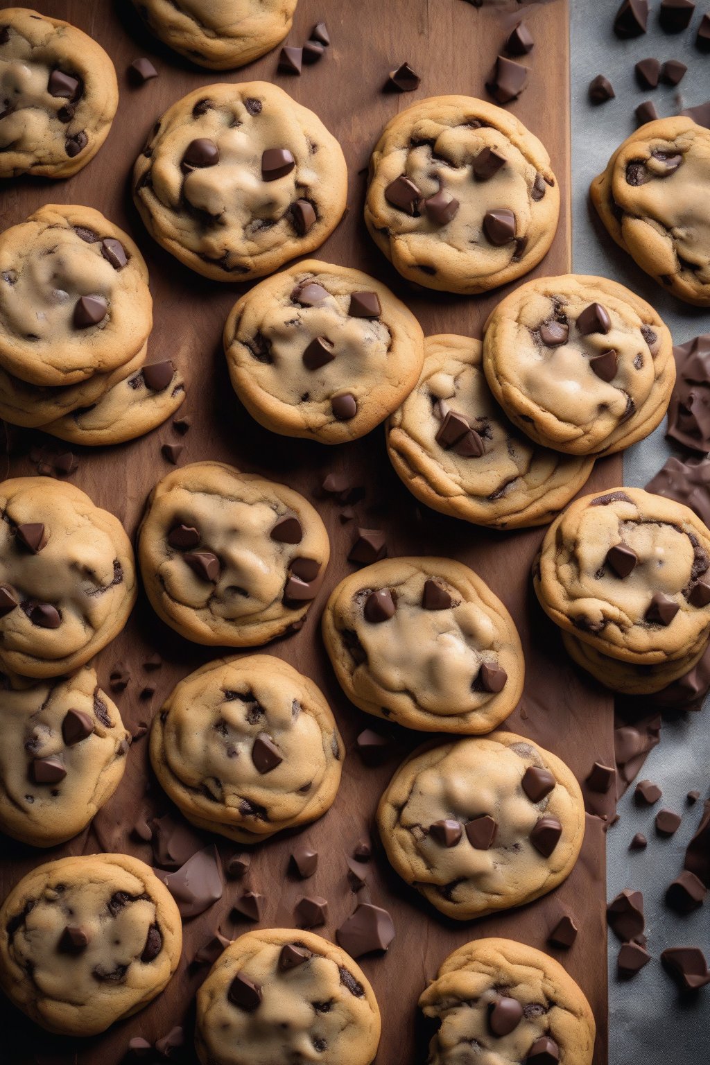A high-resolution photo of classic soft chocolate chip cookies piled on a wooden board, with gooey chocolate chips melting, under soft lighting.